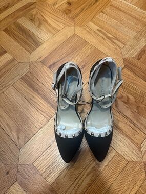 Wet Seal Black Pointed-Toe Ankle Strap Heels with Stud Trim